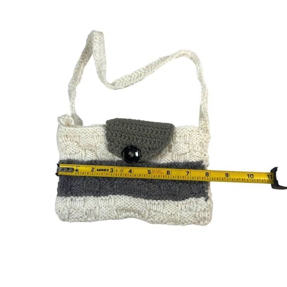 Handmade Crochet Knit Purse Button Closure White & Gray Striped Bag Boho Y2K - Picture 5 of 5